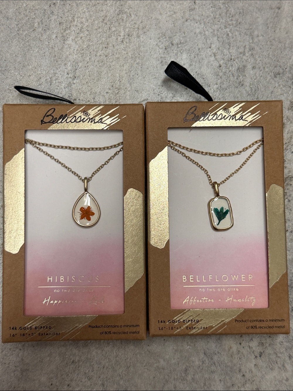 NWT Bellissima 14k Gold Dipped Pressed Flower Resin Pendant Necklaces
